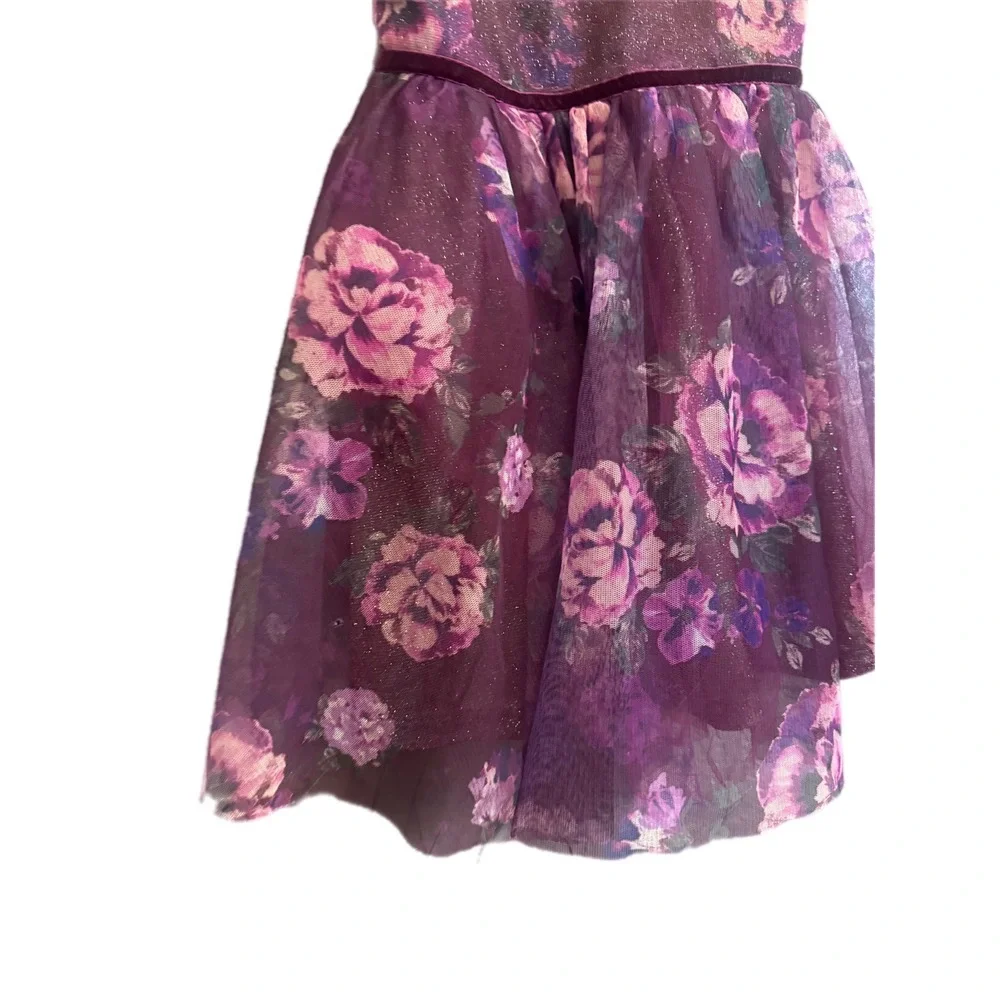 Zenzi Floral Party‎ Dress Girls XS 4/5 Purple Glitter Mesh Velvet Trim Excellent